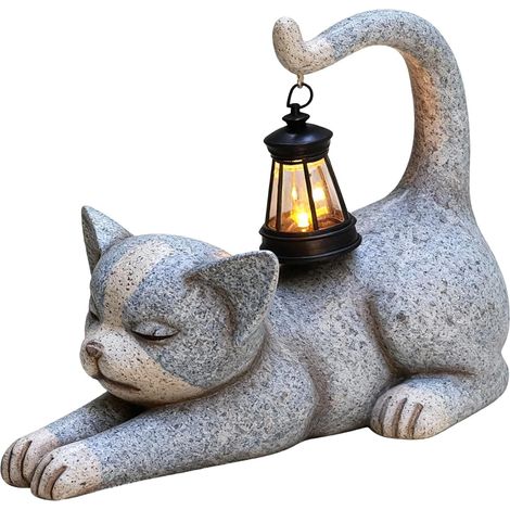 Statue Chat avec Lanterne Solaire - Résine - Jardin - 19.5cm - Déco Extérieure (1/5)