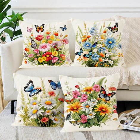 CCYKXA Wasserdichter Kissenbezug 40 x 40 cm, 4er-Set, Rosen-, Blumen- und Schmetterlingsmuster, Leinenoptik, dekorative Kissenbezüge für den Außenbereich (1/5)