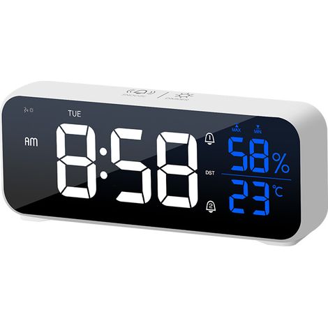 Sveglia digitale, orologio digitale a LED, sveglia digitale con design a specchio, 5 modalità di allarme regolabili e 5 livelli di luminosità regolabili, formato 12/24 ore, bianco