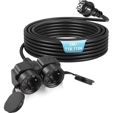 Rallonge de câble d'alimentation, prise extérieure étanche avec 2 prises et couvercles anti-poussière, rallonge de prise pour intérieur et extérieur, max 3500 W, 16 A, 250 V, IP44, câble (1/5)