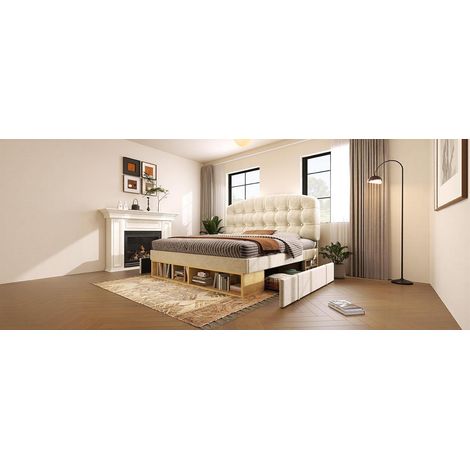 Cama 90x200 cm de terciopelo beige con cajones, para dormitorio juvenil, sin colchón – MEUBLIV (1/5)
