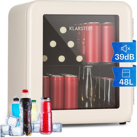 Klarstein Mini Kühlschrank mit Glastür, 48L Mini-Kühlschrank für Zimmer und Büro, Getränkekühlschrank Klein mit Herausnehmbarer Ablage, Kleiner Kühlschrank, Indoor/Outdoor Kühlschrank Leise 0-10°C