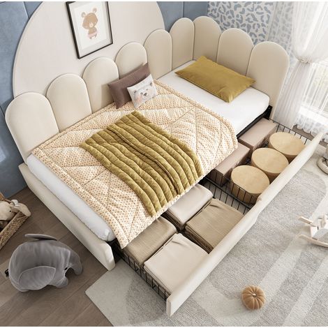 Letto imbottito in velluto beige 90x190 cm con 2 cassetti, rete a doghe e testiera (1/5)