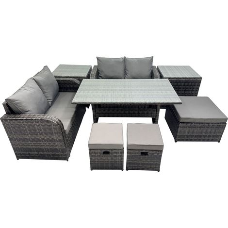Fimous Wicker PE Rattan Garden Outdoor Furniture Set Love Sofa Dining Table Sets with 3 Stools 2 Side Tables Dark Grey Mixed (1/5)