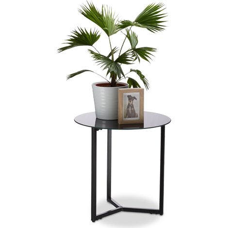 Relaxdays Mesa auxiliar redonda de cristal y metal, mesa decorativa de salón, 51 x 50 x 50 cm, negro (1/5)