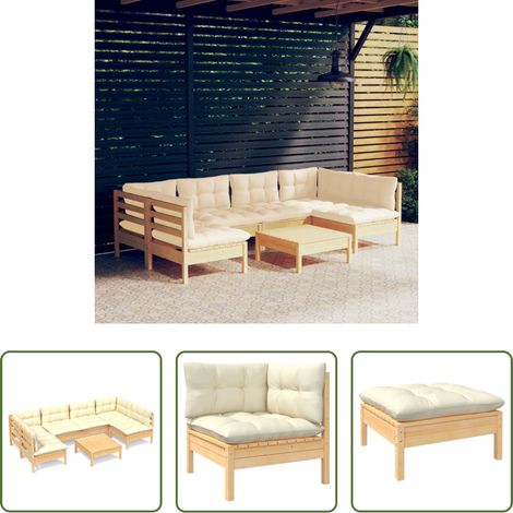 Terrassensofa - 7-tlg. Garten-Lounge-Set mit Creme Kissen Massivholz Kiefer (1/5)