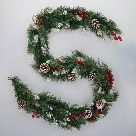 Guirlande de Noël "Dusia" effet neige avec houx et pommes de pin 180cm vert blanc marron et rouge (non éclairée) (1/5)