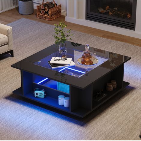 Tavolino quadrato 70x70x30 cm con vano contenitore e illuminazione a LED, piano in vetro, struttura in truciolato - nero (1/5)