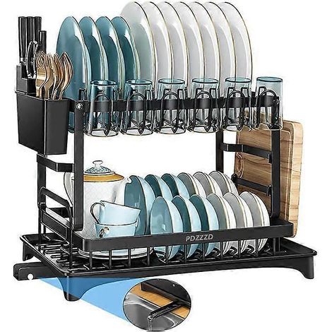 Égouttoir à vaisselle Grand égouttoir à vaisselle à 2 niveaux avec plateau égouttoir intégré en acier inoxydable pour vaisselle, couteaux, tasses et planche à découper Noir (1/5)