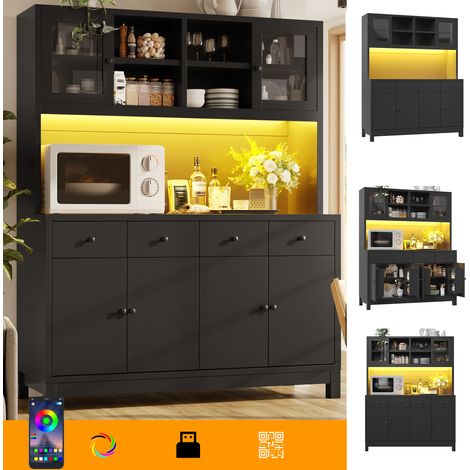 Aparador alto de 140 x 38,5 x 180 cm con iluminación LED RGB controlada por aplicación, puertas de cristal y 4 cajones, estantes ajustables, capacidad de carga de hasta 100 kg, color negro. (1/5)