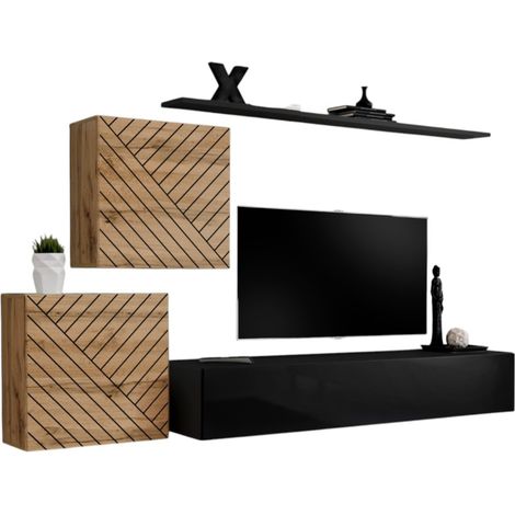 Conjunto de muebles de diseño para sala SWITCH V, roble/negro, acabados en roble fresado y negro brillante