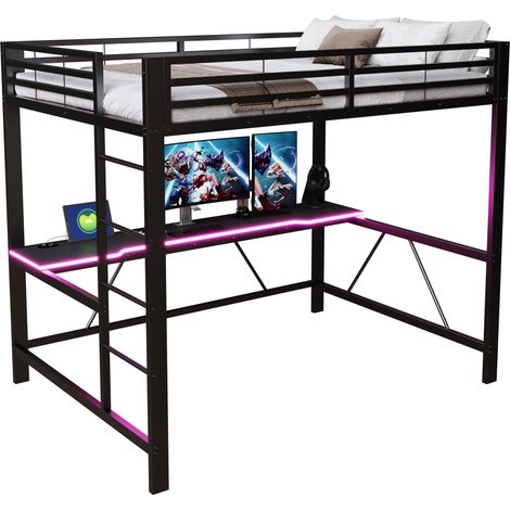 CHICFURN Litera alta metálica gaming 140x200 con escritorio, luz LED multicolor, estación USB y barandillas de seguridad, negro, ideal para dormitorio juvenil (1/5)