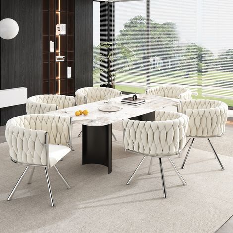 Lot de 6 chaises pivotantes en velours beige & argent - Design luxe pour salon/chambre - Structure métal, 4 pieds (1/5)