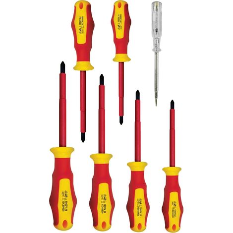 Jeu de 7 tournevis isolés (3 plats + 3 cruciformes + testeur) (1/5)