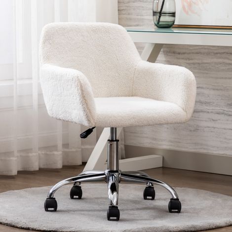 Chaise de bureau à domicile HengMing avec revêtement en fausse fourrure douce, chaise de maquillage et de bureau pivotante et réglable en hauteur pour chambre à coucher avec revêtement moelleux (1/5)