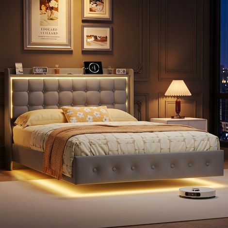 Lit adulte 160x200 cm avec sommier à lattes - Lit double capitonné en velours et tête de lit rembourrée avec éclairage led à capteur moderne pour adulte - Gris (1/5)