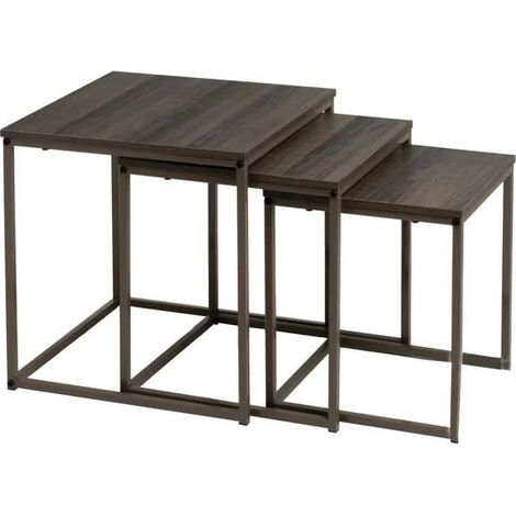 Set de 3 tables basses en panneaux de particules coloris gris foncé avec structure métallique - JUANIO (1/4)