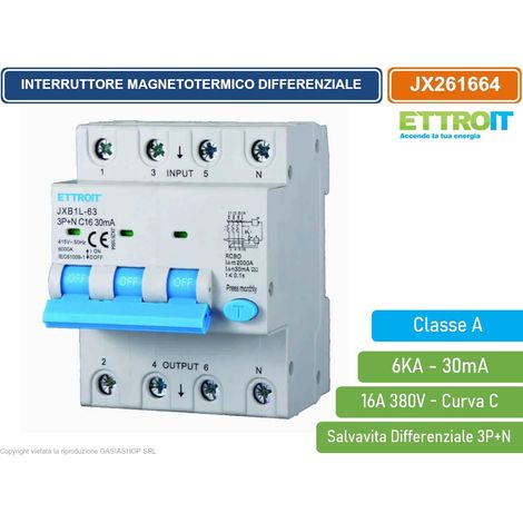 ETTROIT INTERRUTTORE MAGNETOTERMICO DIFFERENZIALE SALVAVITA CLASSE A PER BARRA DIN 4 MODULI 3P+N 16A 30mA 380V-6KA