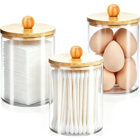 Lot de 3 Boite Coton Tige Acrylique avec Couvercles, Distributeur Cotons Tiges Boules Coton Disques Démaquillants Fil Dentaire, Organisateur Rangement Salle de Bain Accessoires Cheveux, Transparent (1/5)