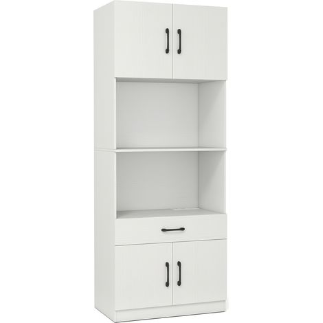 Armoire Garde-manger avec Station de Charge, Buffet Haut 65 x 38 x 168CM avec 4 Portes, 2 Étagères Réglables, Tiroir, pour Cuisine et Salon, Blanc
