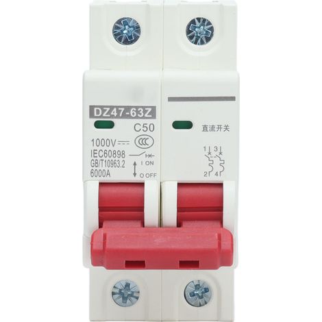 GARRYFIZH Disjoncteur miniature CC 2P pour système photovoltaïque solaire, montage sur rail DIN, 1000 V, 50 A, DZ47‑63Z C50