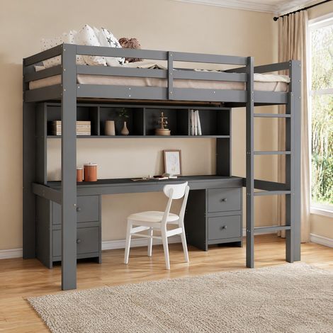 Cama alta 90x200 con escritorio, MDF gris DESVIAE (1/5)