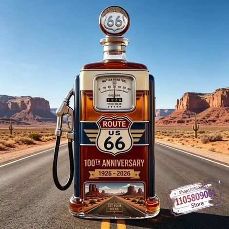 Carafe à whisky en verre transparent (TransparenT) style vintage Route 66, forme de pompe à essence rétro, autocollant décoratif, idéale pour la décoration de votre bar.