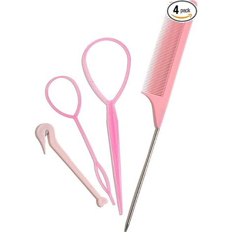 Hair Topsy Kit d'outils de tressage 4 pièces (1 peigne queue de rat, 2 boucles pour outils de tresse française, 1 coupe-élastiques à cheveux) pour coiffure (1/5)