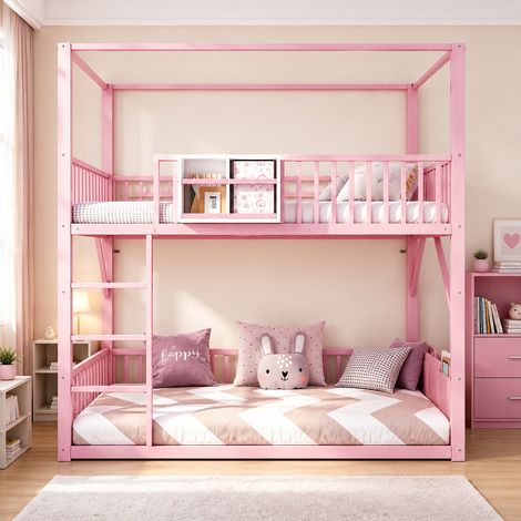 Lit superposé 90x200cm - maison + étagère + rangement + sécurité - métal - rose (1/5)