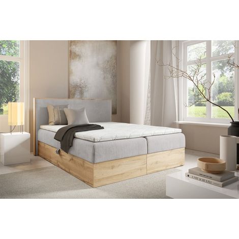 Boxspringbett Schlafzimmerbett ROLAND 140x220cm in Stoff Lincoln Hellgrau (1/4)