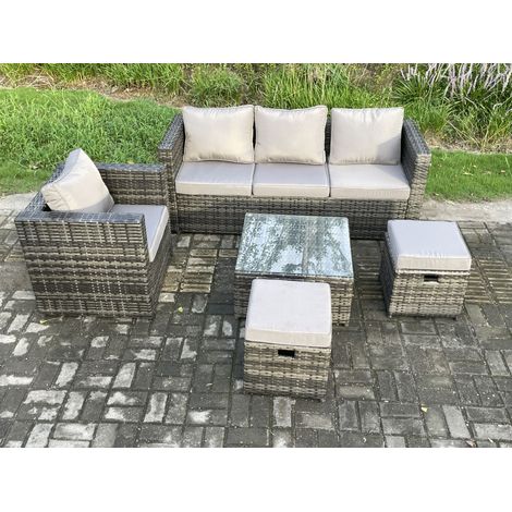 Fimous 5 PCS Outdoor Lounge Sofa Set Wicker PE Rattan Garden Furniture Set with Armchair Square Coffee Table 2 Small Footstools Dark Grey Mixed (1/5)