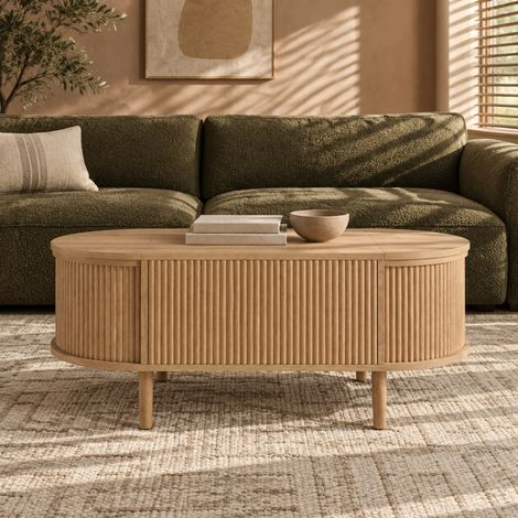 Mesa de centro elevable ovalada con almacenaje y tapa abatible, en MDF y madera clara, estilo vintage multifuncional para salón y pisos pequeños – CHICFURN (1/5)