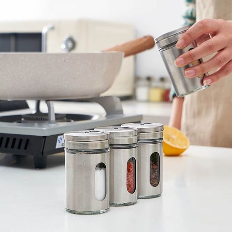 Poivreuse en acier inoxydable, récipient à épices mince en verre avec fenêtre transparente, outils de barbecue (1/5)