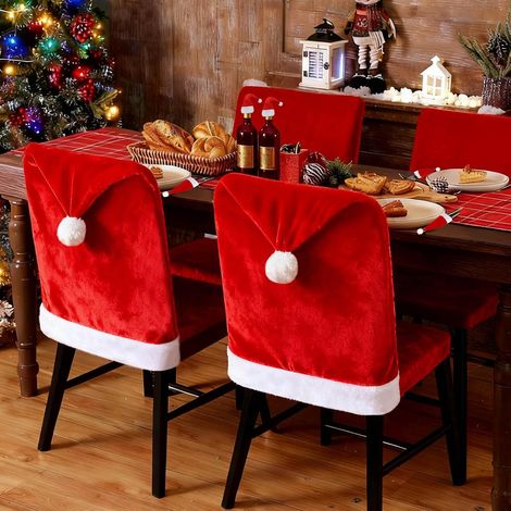 Housse de Chaise sur le Thème de Noël, Housses de Chaise Chapeau de Père Noël avec 4 Porte-Couverts, Housse de Dossier de Chaise Père Noël pour Décoration de Table de Dîner de Noël et de Fête de Vacan (1/4)