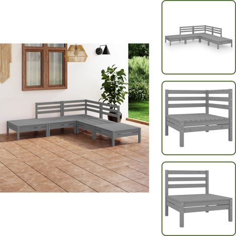 5-tlg. Garten-Lounge-Set Massivholz Kiefer Grau - Outdoor Lounge Set - Gartenmöbel - Rattan Möbel - Kiefernholzmöbel - Balkonmöbel (1/5)