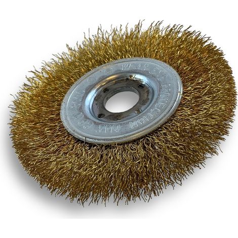 Brosse circulaire LAITON  Ø 100 mm  Epaisseur 1 rang  Fil souple 0.20 mm ondulé  Alésage 16 mm  Touret meuleuse affûteuse ponceuse  Brossage décapage polissage dérouillage  Kibros 214101LV (1/5)