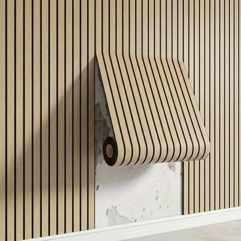 Papier Peint Adhésif Imitation Bois avec Rainures 3D, Lé de Revêtement Mural à Motif Quadrillé, Style Noyer