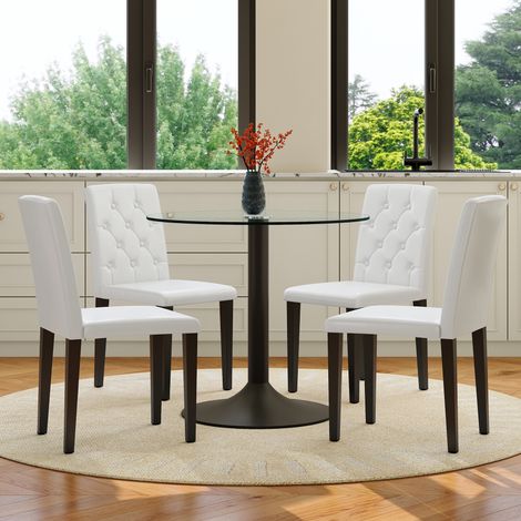 Esstisch-und-Stuhl-Set, 1 Tisch und 4 Stühle, aus Glas und Metall, Weiß und Schwarz (1/5)