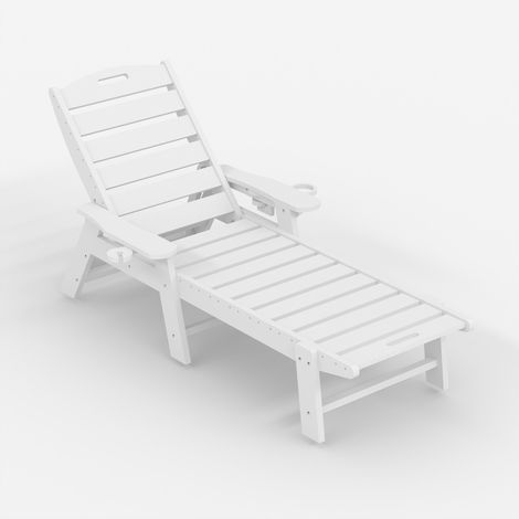Chaise Longue HDPE Blanc 5 Positions + Porte-gobelet, Résiste aux Intempéries, Charge 150 kg, Pour Jardin Terrasse Balcon Piscine (1/5)