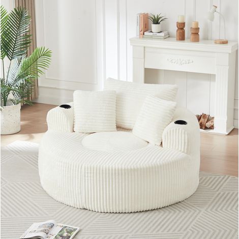 Fauteuil lounge rond 142x142 cm velours côtelé beige avec 3 coussins, détente - CHICFURN (1/5)