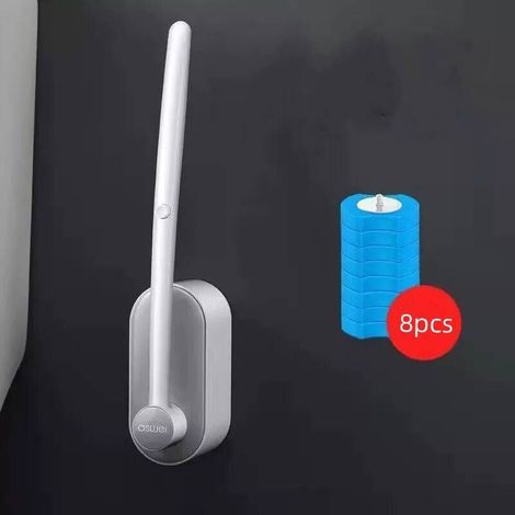 Ensemble Brosse WC Support Avec 8 Têtes Rechange Parfumées Fixation Murale Gris Blanc (1/4)