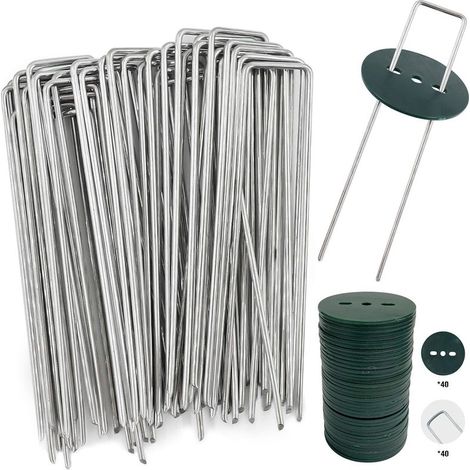 40 Piquets de Jardin avec Rondelles, Piquets de Fixation en Acier Galvanisé pour Baches, Agraphes de Fixation de Toile de paillage - 150 MM de Long, 25 MM de Large, 2.8 MM de Diamètre (1/5)