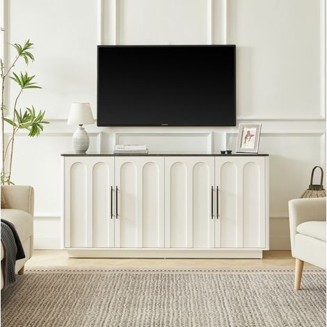 Mueble TV de 4 puertas 160 x 40 x 80 cm, cierre suave, anti-vuelco, blanco y negro HAVRYA (1/5)