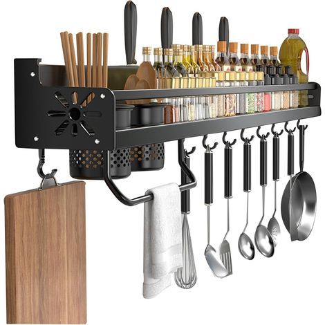 Étagère à épices murale, boîte de rangement de cuisine multifonctionnelle avec porte-couverts, 50 cm, noire, (1/5)