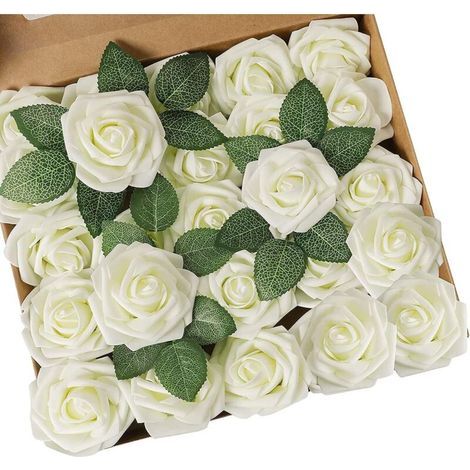 ZOLGINAH Set mit 25 realistischen künstlichen Rosen mit Stielen für Brautsträuße, Tischdekorationen, Hochzeitsfeiern, Heimdekoration (Elfenbein, 25 Stück) (1/5)