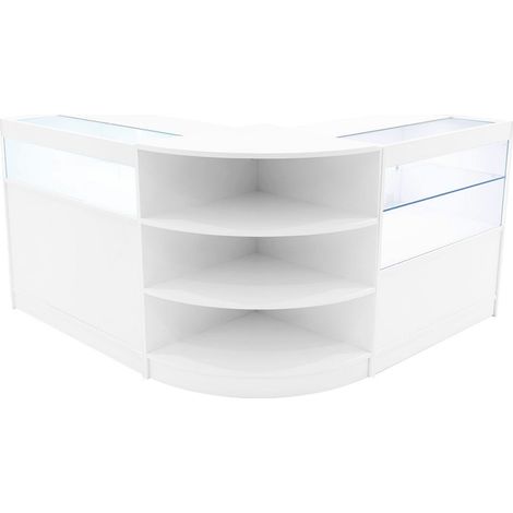 Set Mostradores Comerciales "HARMONIA"  Blanco  B900+C900+LM60  MDF y vidrio templado  Estantes y puertas corredizas con cerradura  Fácil Montaje  Mostrador Recepción Expositor Comercial Mesa
