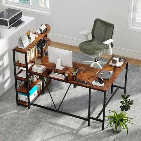 Bureau en L avec Étagères de Rangement Bureau d’Ordinateur d’Angle avec Station de Charge Bureau de Jeu 160108109cm Marron Rustique (1/2)