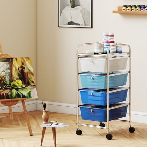 Chariot de Rangement à Roulettes avec 4 Tiroirs Plastiques Amovibles Tour de Rangement à Roulettes Cadre en Métal 37 x 32 x 76 cm Bleu (1/3)
