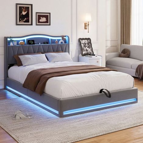 Bettgestell 160x200 cm, Bett mit Stauraum 160x200 cm mit LED und Lattenrost, Doppelbett 160x200 cm, Bett für 2 Personen, Stauraum (1/5)