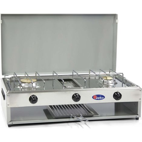 Fornello a gas gpl / metano a 2 fuochi Pianale in acciaio inox bruciatore grill da 1,5 Kw cfparker mod. 552G Colore: Grigio Gpl